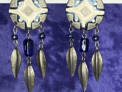 Pre-loved Pewter earrings in cream & blue enamel