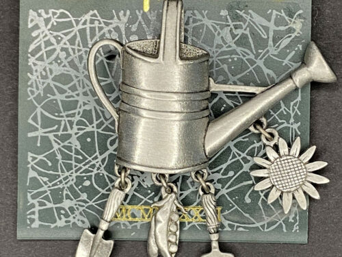 Various vintage JJ watering can brooch in pewter tone