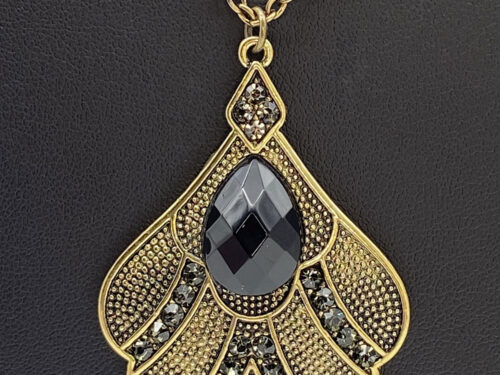 ND Upcycled brass and black rhinestone pendant necklace