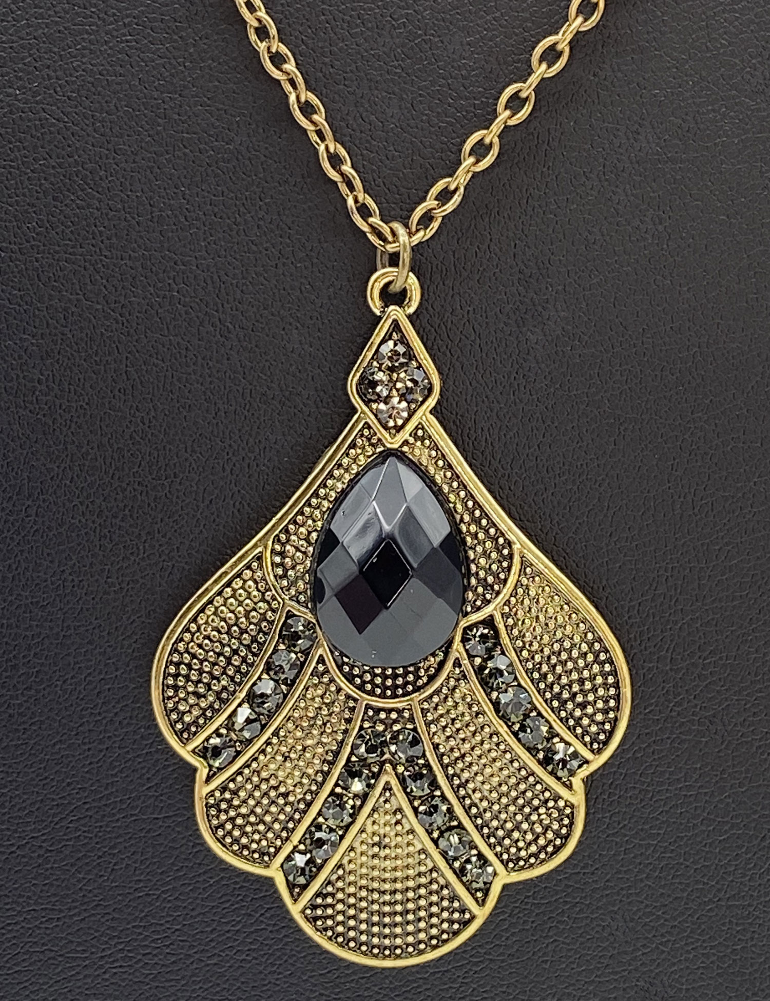 ND Upcycled brass and black rhinestone pendant necklace