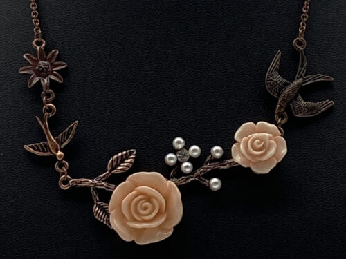 Pre-loved Sparrow/rose/pearl antique copper necklace