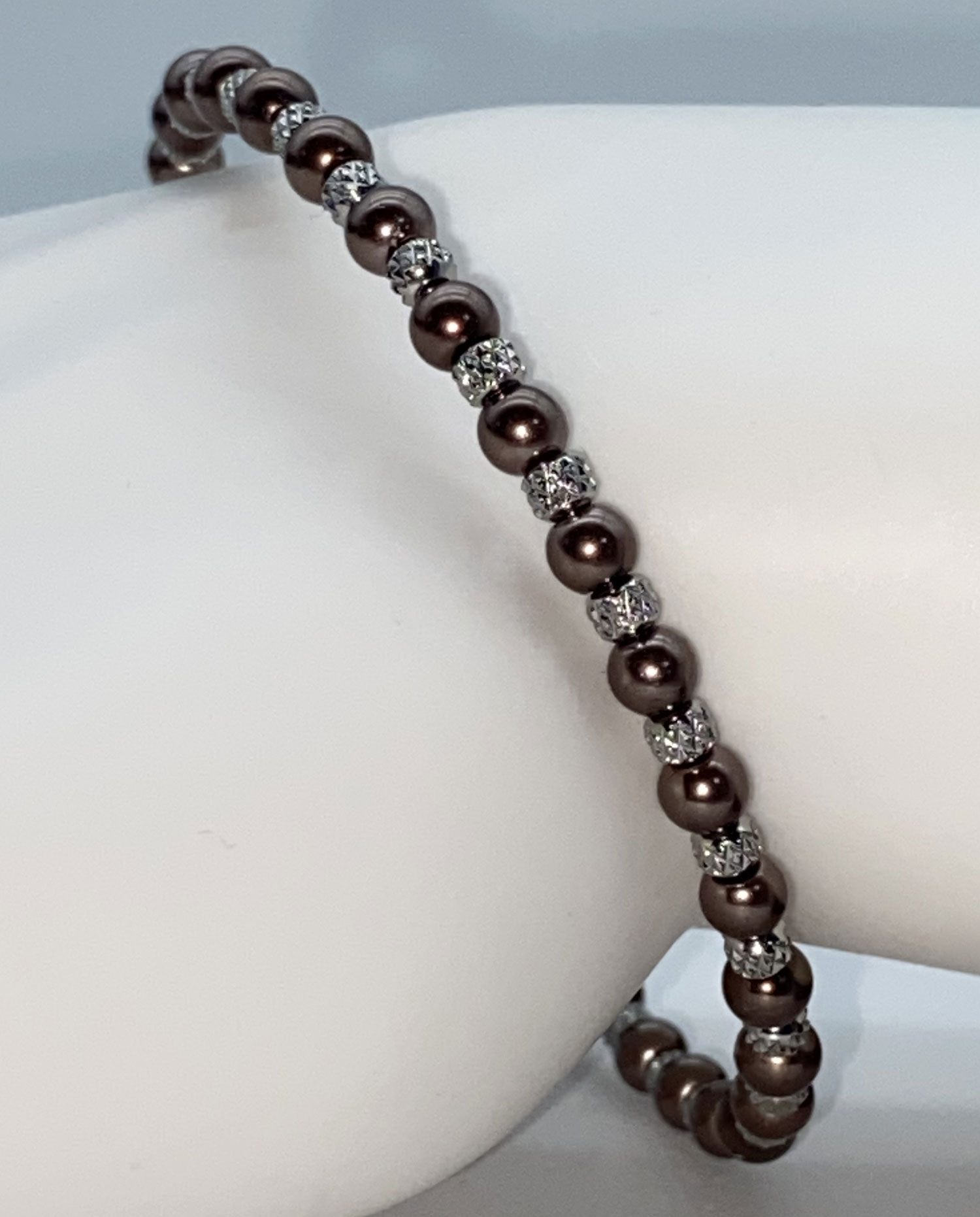 ND Memory wire coffee faux pearl bead bracelet M/L