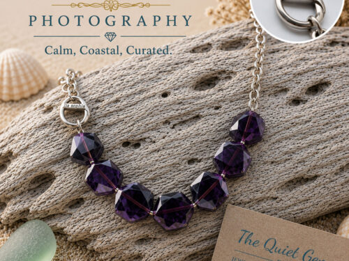 Retired Lia Sophia silver-tone necklace with faceted purple geometric glass beads
