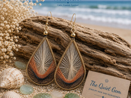 Vintage handcrafted teardrop-shaped dangle earrings woven with silver, gold, copper and black silk threads.