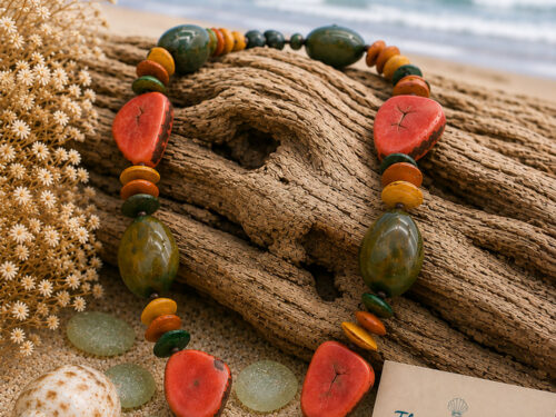 Vintage colorful statement necklace featuring large natural nut beads in coral, green, yellow and orange.