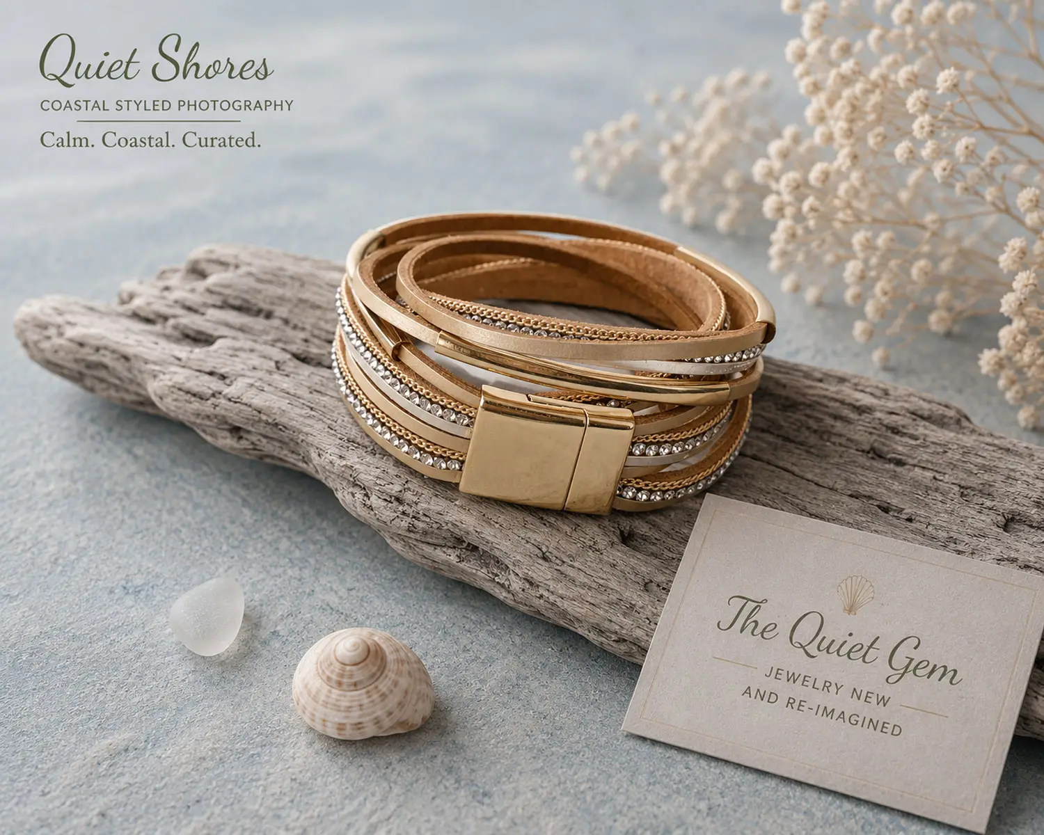 Pre-loved beige multi-layer leather wrap bracelet featuring sparkling rhinestone bands, gold tone chain accents, and a magnetic clasp displayed on a white jewelry stand.