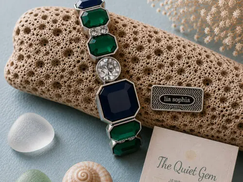 Vintage Lia Sophia "Drama Club" silver tone stretch bracelet with blue and green faceted stones and clear crystal accents displayed on a white jewelry stand.