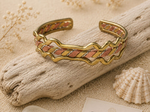 Vintage artisan mixed metal wave cuff bracelet featuring copper, brass, and silver tone details.