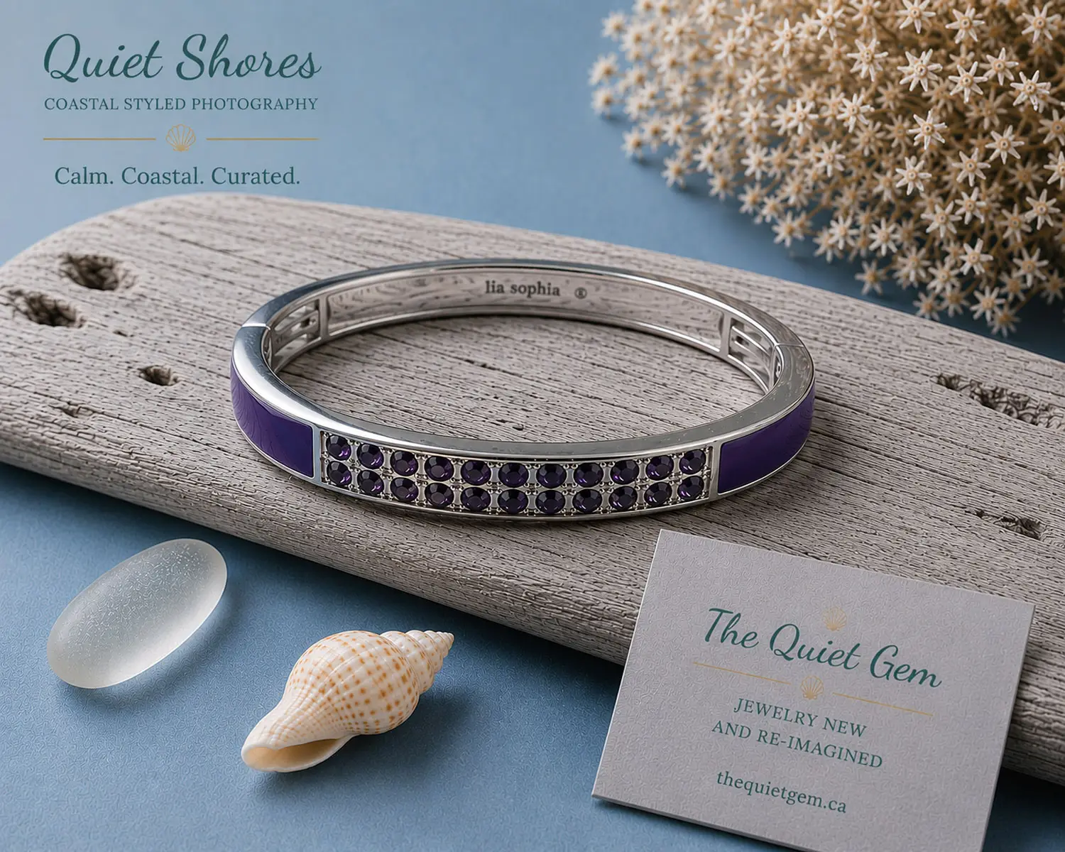 Retired Lia Sophia "Pop Rocks" silver tone fold-over stretch bracelet featuring glossy purple enamel and sparkling purple crystal accents displayed on a white jewelry stand.