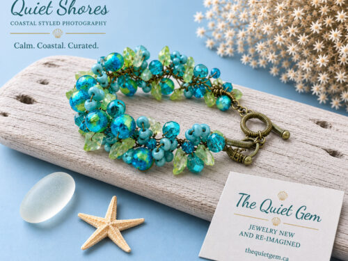 Pre-loved brass wire-wrapped bracelet featuring clustered turquoise blue and lime green glass beads with a brass toggle clasp displayed on a white background.
