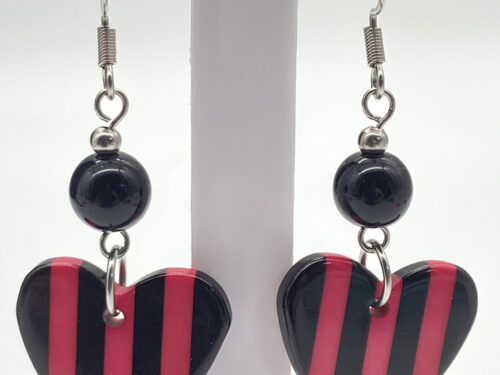 Newly designed upcycled black and pink striped heart drop earrings with black resin beads