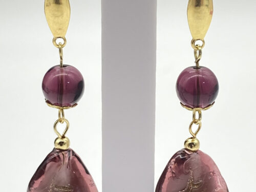 Newly designed upcycled purple glass bead drop earrings with gold-tone accents