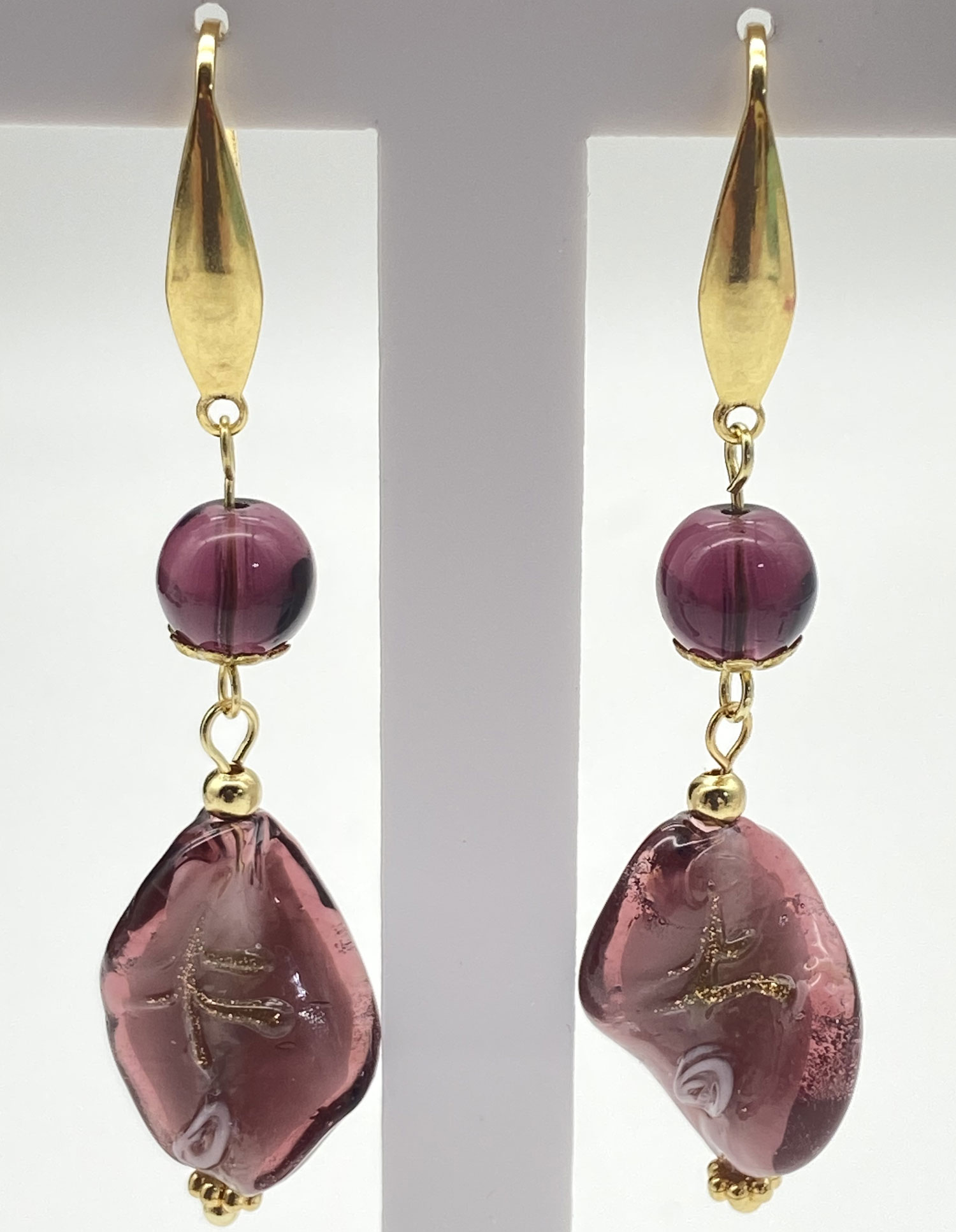 Newly designed upcycled purple glass bead drop earrings with gold-tone accents