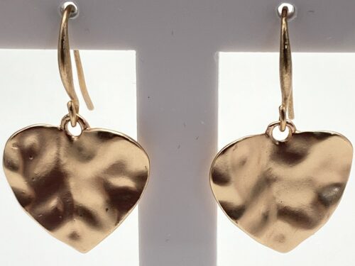 Pre-owned gold tone hammered heart drop earrings with textured heart-shaped charms.