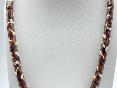 Pre-loved necklace with painted brown, cream and black tube beads and an adjustable slide-knot closure