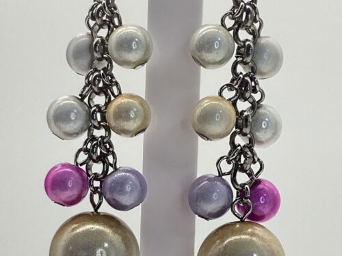 Vintage pearlescent drop dangle earrings with colorful beads and cascading dark-tone chains