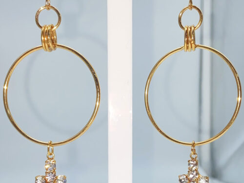 Pre-loved gold-tone hoop earrings with sparkling rhinestone cross charms