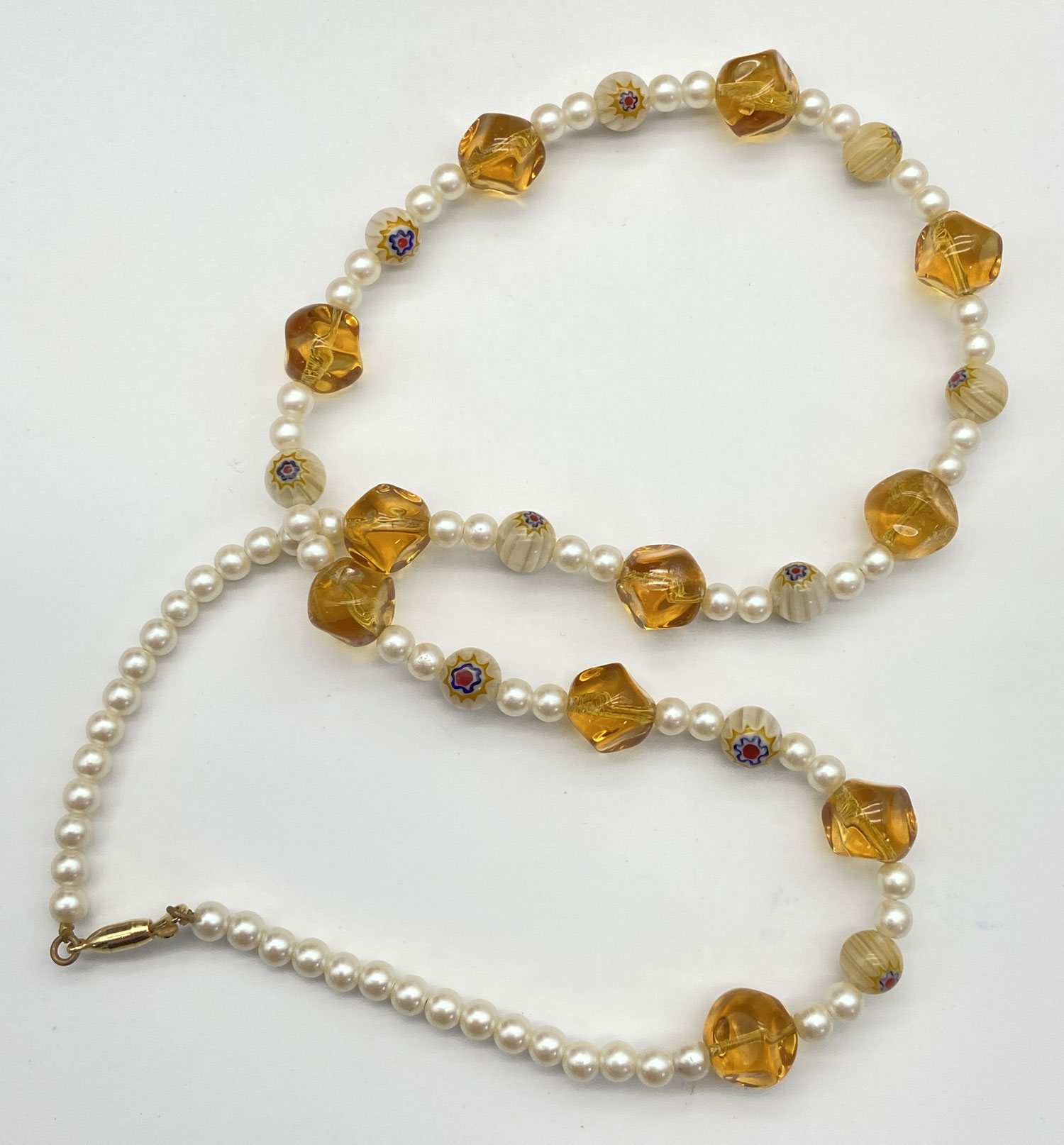 Pre-owned handmade faux pearl amber and Millefiori glass bead necklace