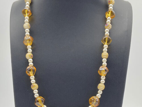 Pre-owned handmade faux pearl amber and Millefiori glass bead necklace