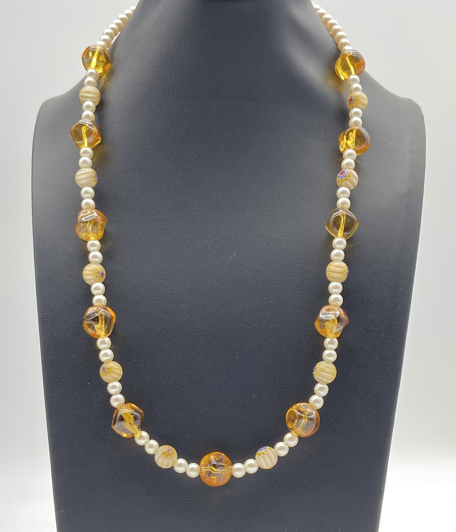 Pre-owned handmade faux pearl amber and Millefiori glass bead necklace