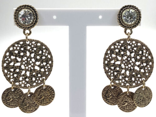 Pre-loved brass-tone filigree post earrings with rhinestone posts and three coin-style drops