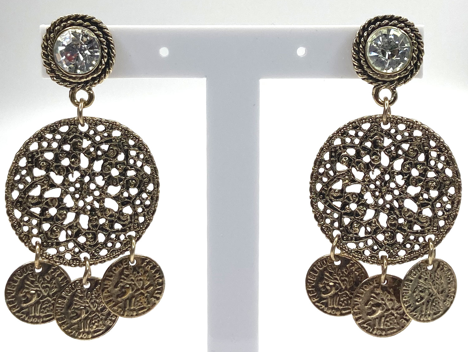 Pre-loved brass-tone filigree post earrings with rhinestone posts and three coin-style drops