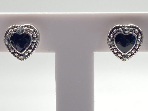 Pre-owned silver-tone black enameled heart post earrings