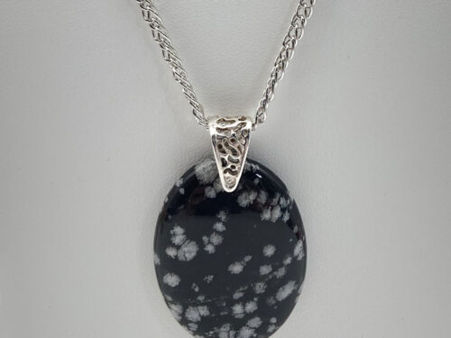 Pre-owned Snowflake Obsidian pendant necklace with polished black and white patterned stone