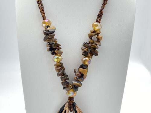 Pre-owned Tiger Eye chip necklace with golden glass beads and black copper-toned glass pendant