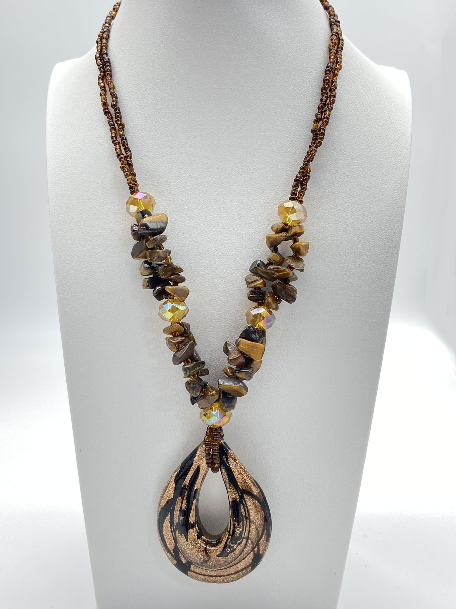 Pre-owned Tiger Eye chip necklace with golden glass beads and black copper-toned glass pendant