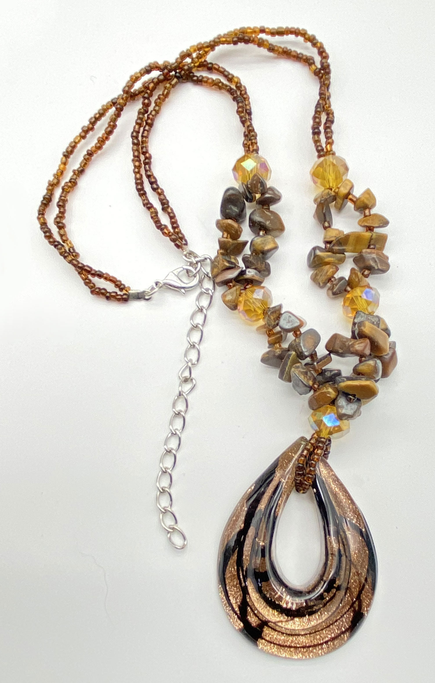 Pre-owned Tiger Eye chip necklace with golden glass beads and black copper-toned glass pendant