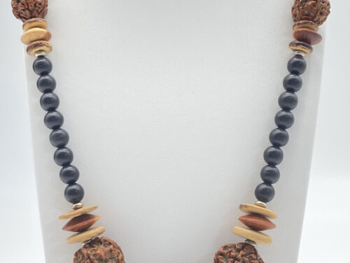 Pre-owned wood and Rudraksha seed beaded statement necklace with large central wood bead