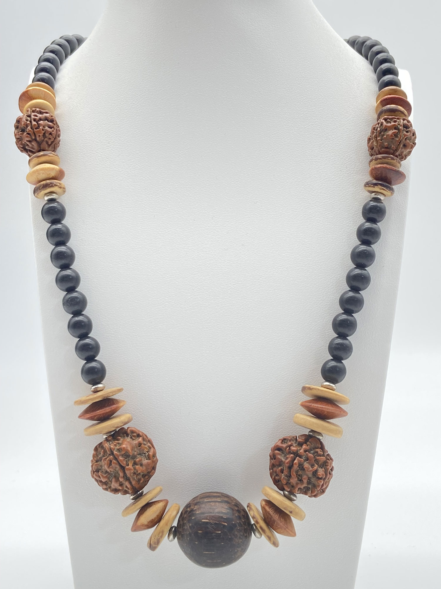 Pre-owned wood and Rudraksha seed beaded statement necklace with large central wood bead