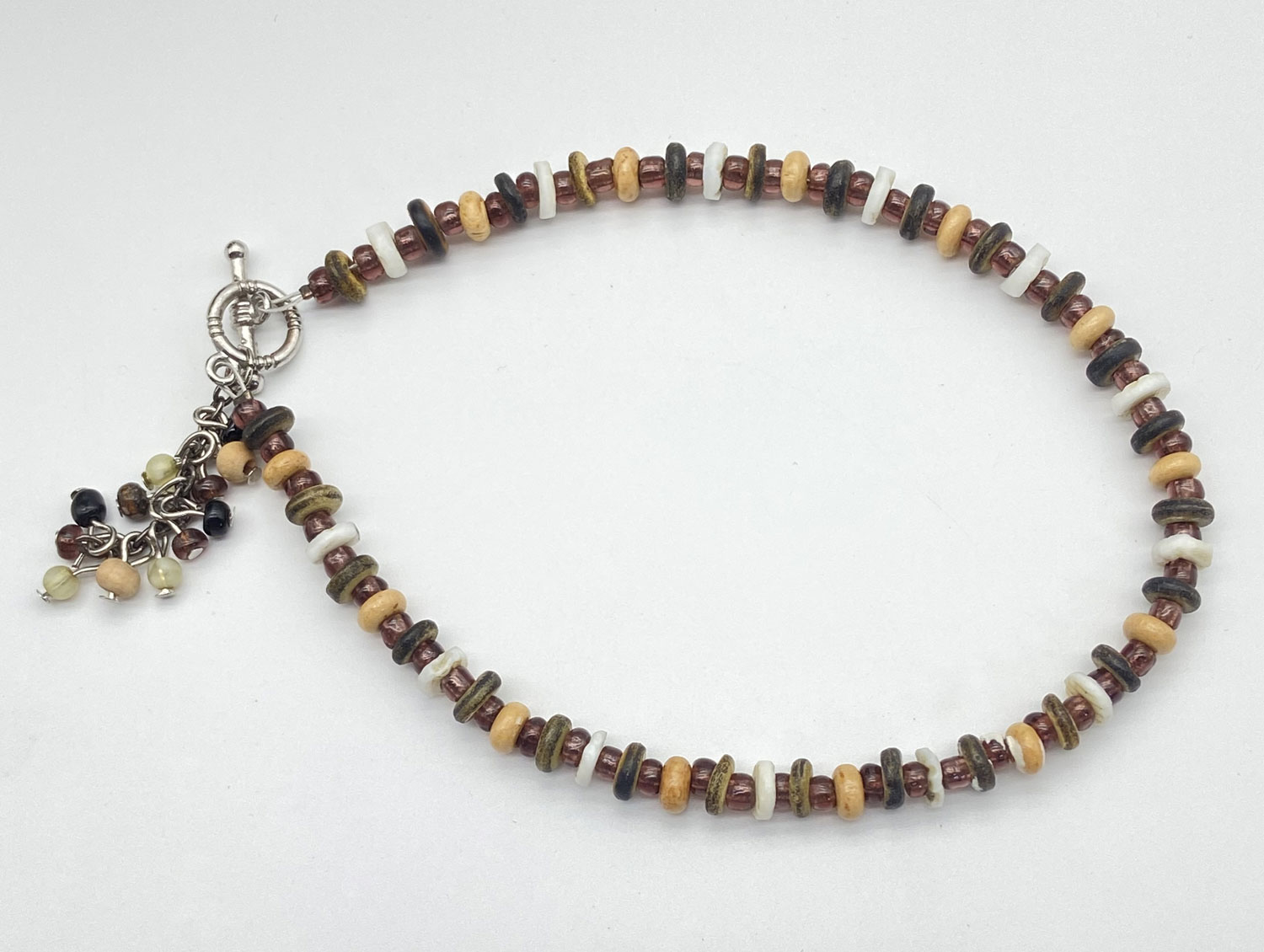 Pre-owned 11-inch wood beaded anklet with mixed wood beads and silver-tone T-clasp