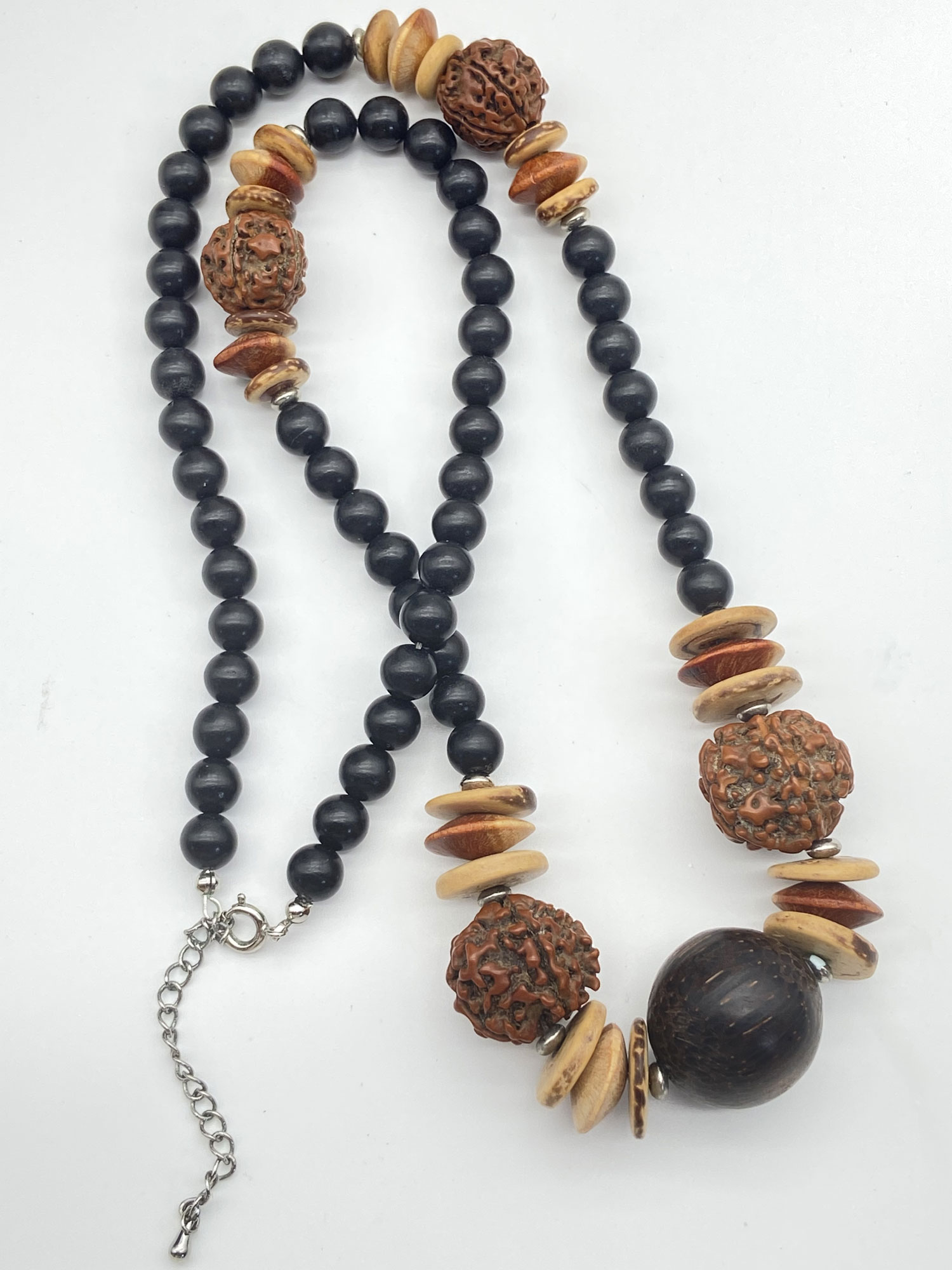 Pre-owned wood and Rudraksha seed beaded statement necklace with large central wood bead
