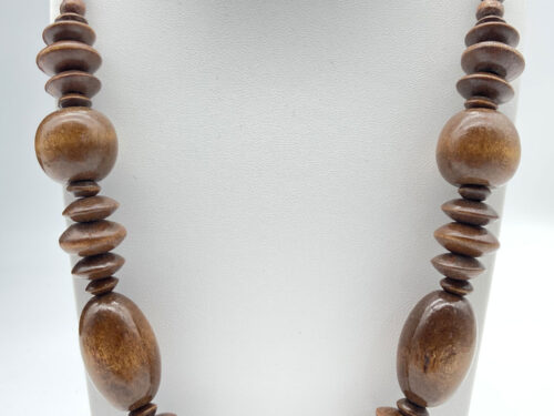 Pre-owned long wood beaded necklace with large natural wooden beads in varied shapes and warm brown tones