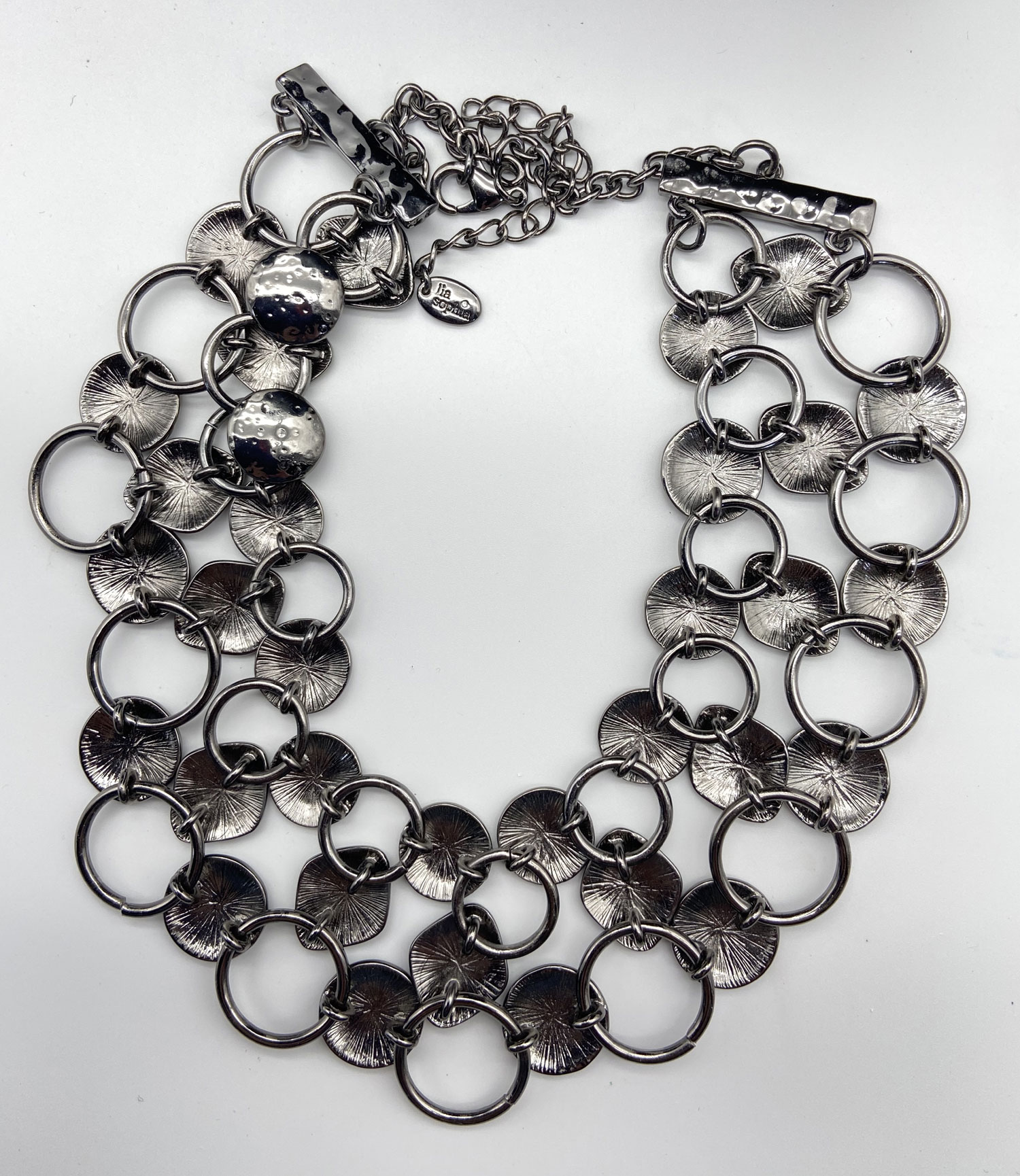 Retired Lia Sophia Gunmetal Tone Hammered Disk Bib Necklace - Image 3