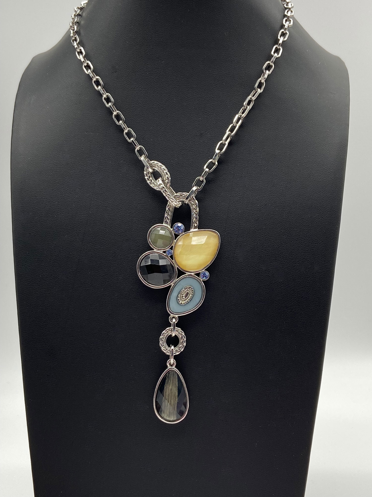Retired Lia Sophia Azure silver-tone Y-drop necklace with multi-colored stones and crystals