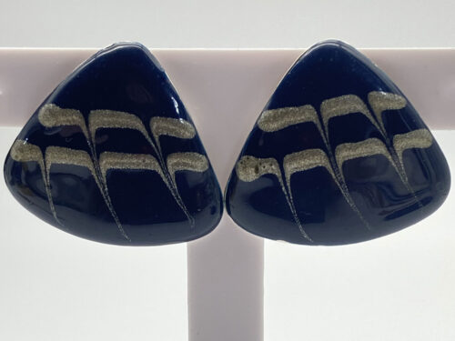 Vintage navy blue enameled post earrings with gold geometric pattern