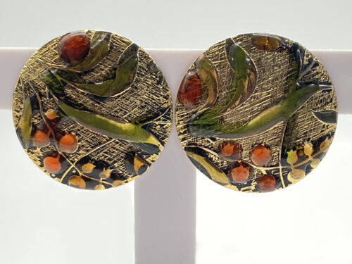 Vintage Orange Green & Gold Enameled Floral Post Earrings