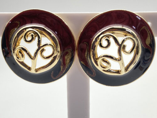 Vintage burgundy enamel post earrings with gold swirls and openwork gold-tone centers