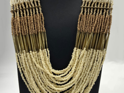 Vintage multi-strand cream brown and gold-tone glass beaded bib statement necklace