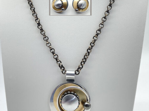 Vintage mixed-metal abstract circular pendant necklace + earrings with silver and gold-tone details