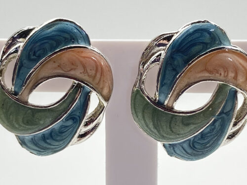 Vintage silver-tone post earrings with blue green and peach iridescent interwoven swirls