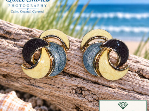 Vintage gold-tone post earrings with blue black and cream enamel swirl design