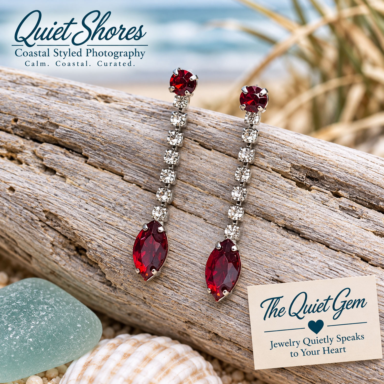 Pre-owned silver-tone earrings with clear rhinestones and red faceted drops