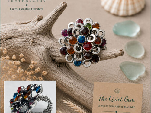 Vintage silver-tone stretch ring with multiple faceted multicoloured stones in red, blue, amber, pink, purple and green.
