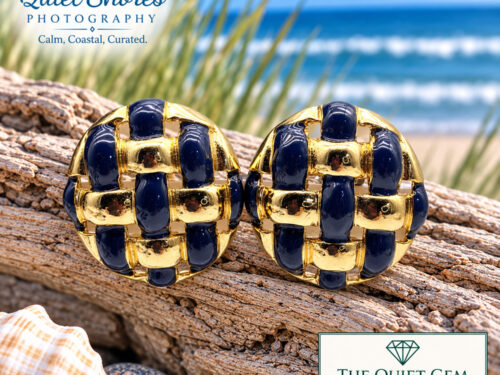 Vintage gold-tone basket-weave clip-on earrings with glossy navy enamel