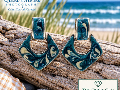 Vintage blue and cream swirl enamel post earrings with silver-tone finish