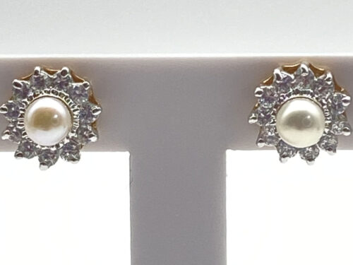 Pre-owned gold and silver-tone pearl rhinestone halo post earrings